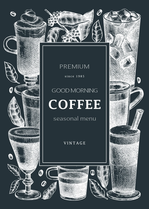 Hand-sketched coffee card or flyer on chalkboard. Vector sketches of mugs with aromatic drinks design. With botanical coffee plants, leaves and beans in vintage style. Vector beverages template